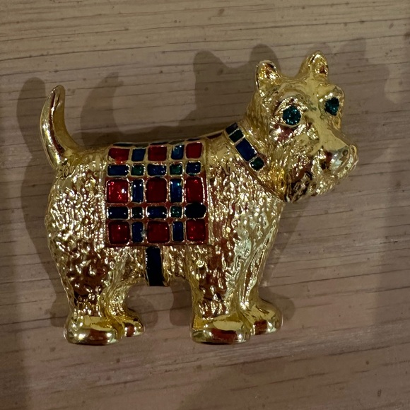 Scottie Dog Vintage Gold Plated Pin Coloured Jewel Eyes & Plaid Blanket & Collar - Picture 5 of 5